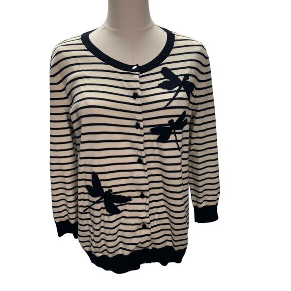 Talbots Crew Neck Striped Dragonfly 3/4 Sleeve Cardiagn Womens Large Ivory Navy - Picture 1 of 16